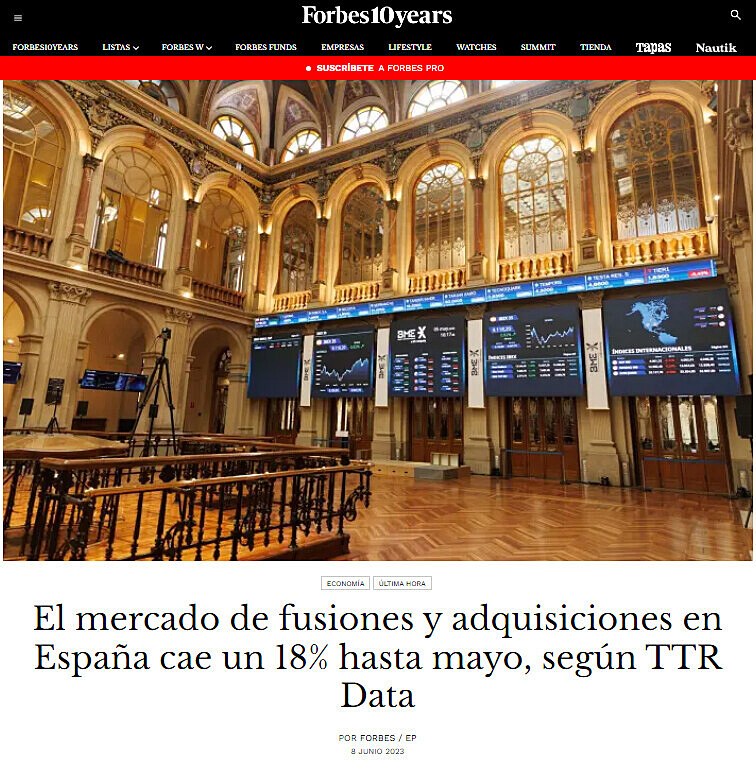 El mercado de fusiones y adquisiciones en Espaa cae un 18% hasta mayo, segn TTR Data